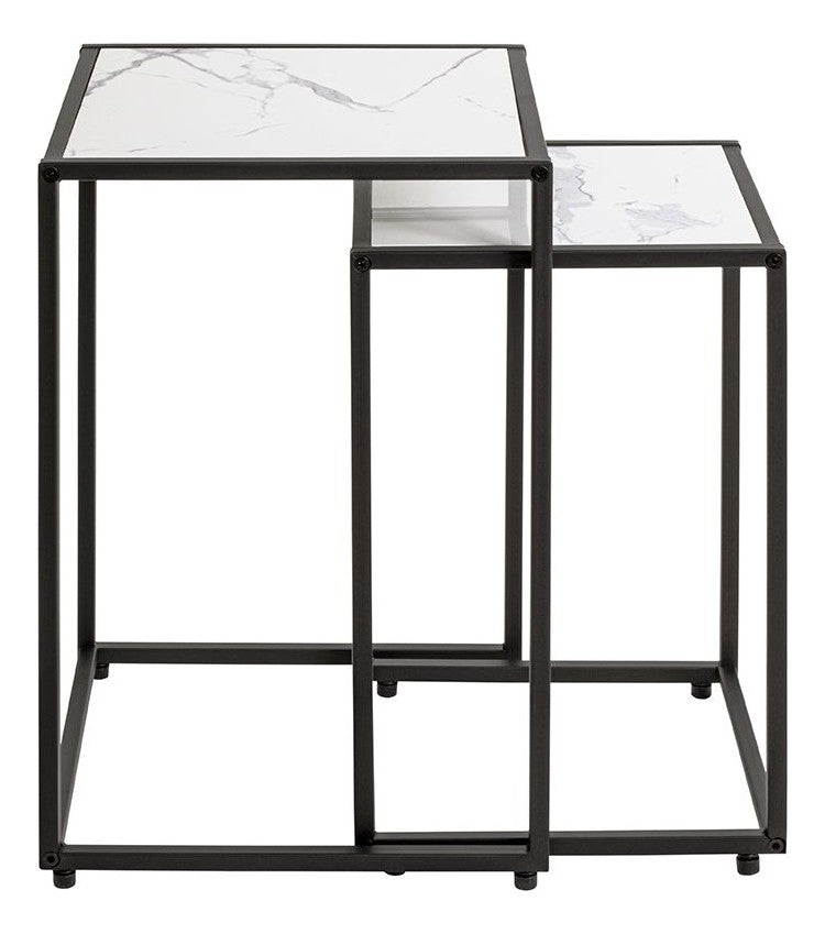 Haku Beistelltisch 2er Set, Kunstmarmor weiß mit Stahlgestell schwarz