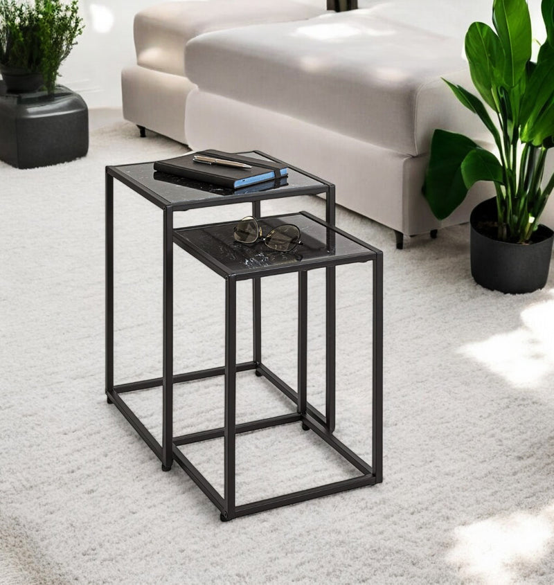 Haku Beistelltisch 2er Set, Kunstmarmor schwarz im Art-Deco-Stil