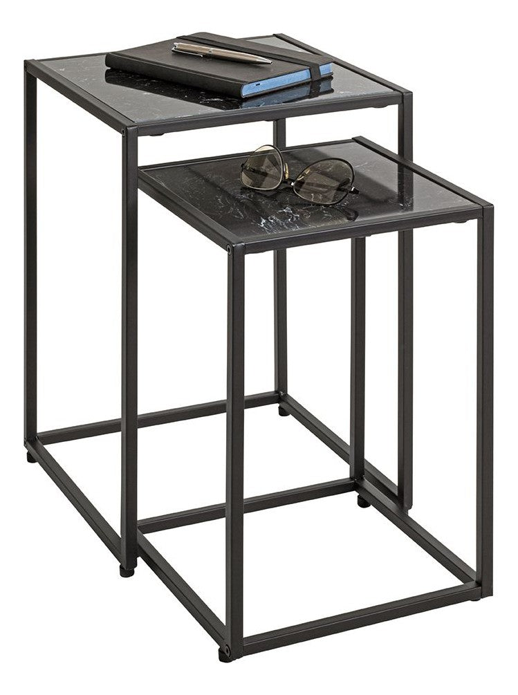 Haku Beistelltisch 2er Set, Kunstmarmor schwarz im Art-Deco-Stil