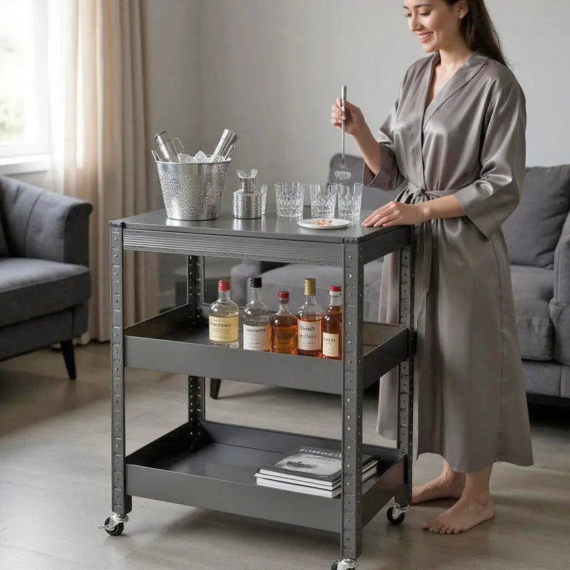 Haku Servierwagen Metall anthrazit, 2 Ablagen höhenverstellbar, Rollen
