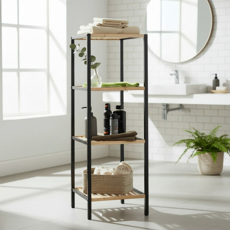 Haku Standregal aus Bambus mit 4 Ablagen, schwarz-natur, Scandi-Stil