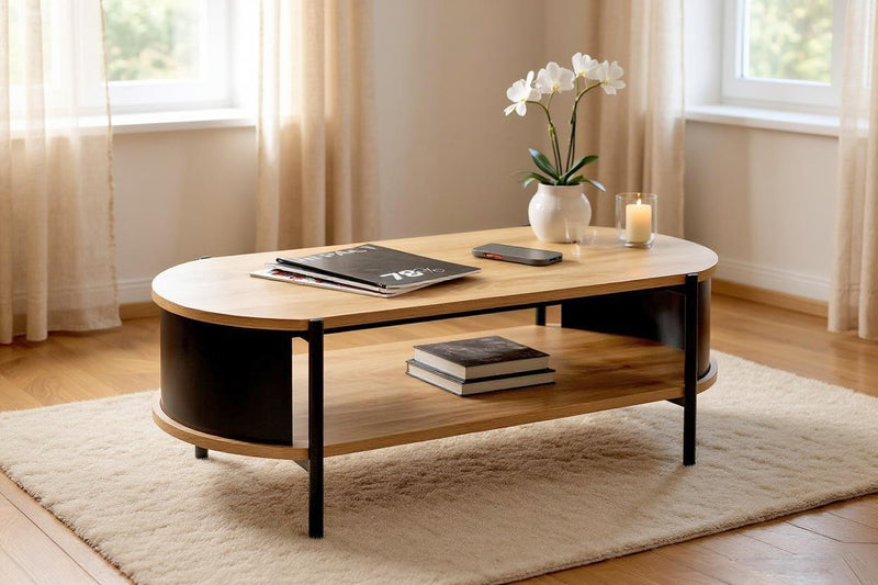 Haku Couchtisch oval, Dekor Eiche mit schwarzem Stahlrohrgestell