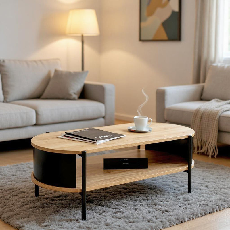 Haku Couchtisch oval, Dekor Eiche mit schwarzem Stahlrohrgestell