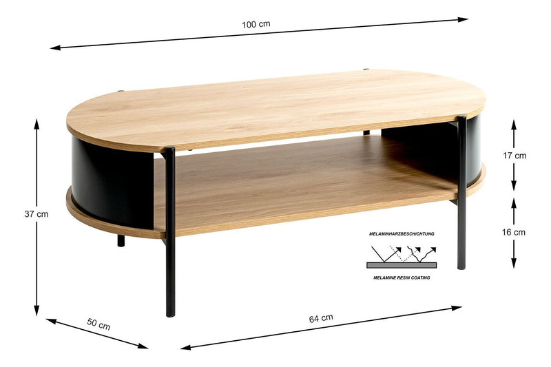 Haku Couchtisch oval, Dekor Eiche mit schwarzem Stahlrohrgestell