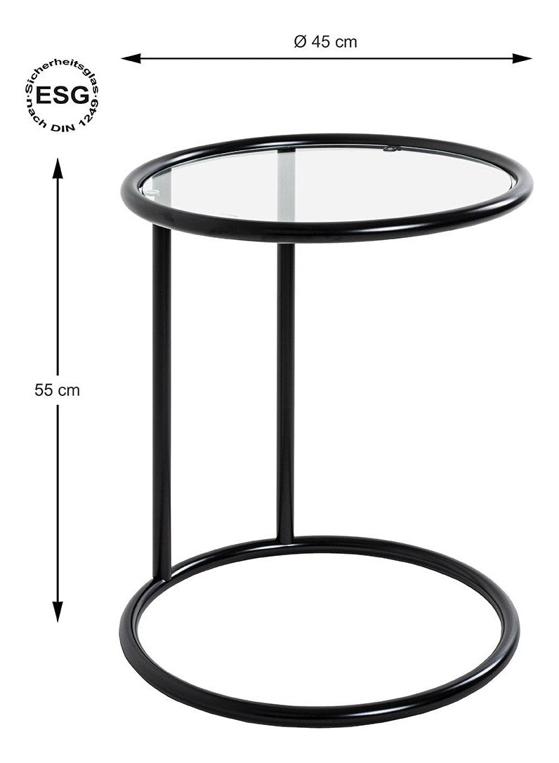 Haku Beistelltisch rund aus Glas und Stahlrohr, schwarz matt