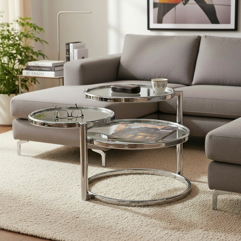 Couchtisch rund ausziehbar, Chrom-Gestell mit Sicherheitsglas-Ablagen – Ansicht 2