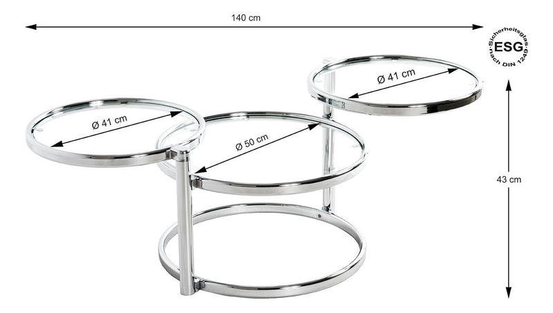 Couchtisch rund ausziehbar, Chrom-Gestell mit Sicherheitsglas-Ablagen – Ansicht 5