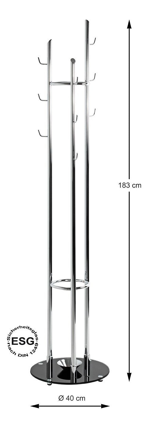 Haku Garderobenständer Chrom mit 9 Haken und Glasfuß schwarz