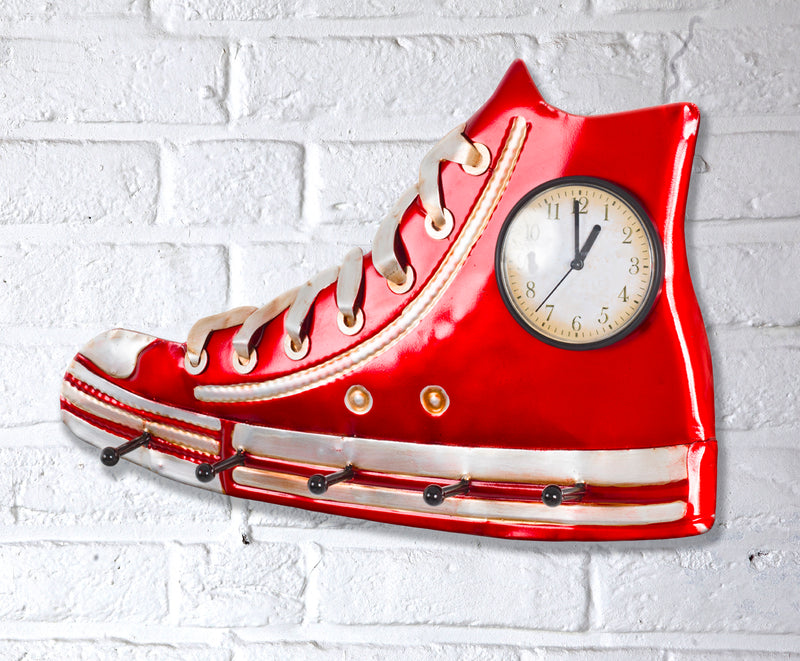 Wandgarderobe mit 5 Haken und integrierter Uhr, Metall rot – Ansicht 2