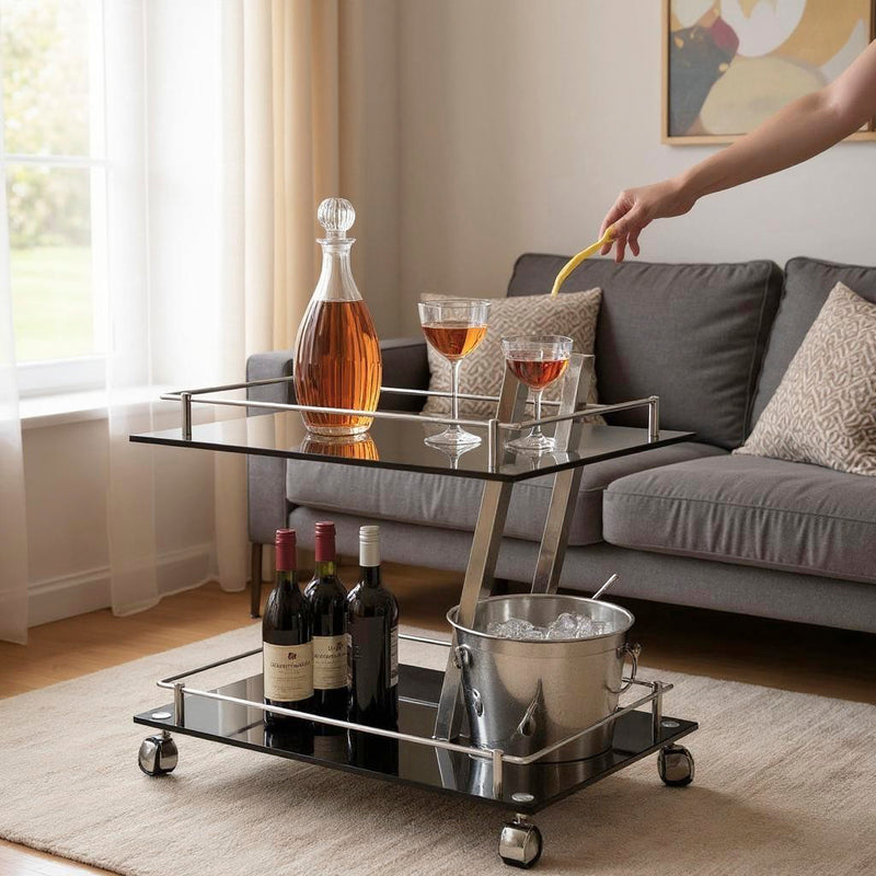 Haku Servierwagen mit Glasablagen und Flaschenhalter, Chrom/Schwarz