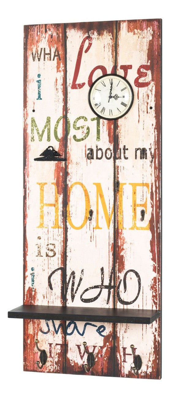 Memoboard Home mit Uhr, 5 Schlüsselhaken und 3 Garderobenhaken – Ansicht 1