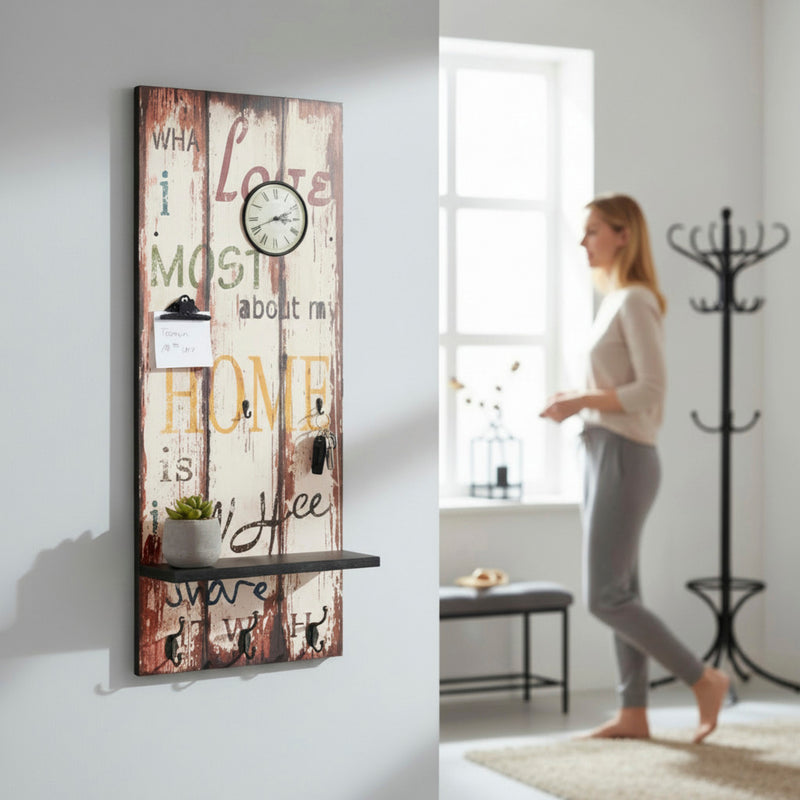 Memoboard Home mit Uhr, 5 Schlüsselhaken und 3 Garderobenhaken – Ansicht 2