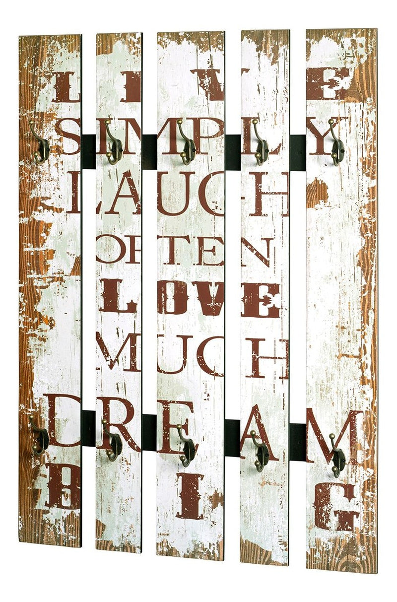 Haku Wandgarderobe mit 10 Haken, Schriftzug-Motiv in Vintageoptik, Weiß-Braun