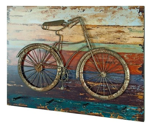Wandgarderobe Fahrrad-Motiv, 4 Metallhaken, MDF Vintage-Optik – Ansicht 1