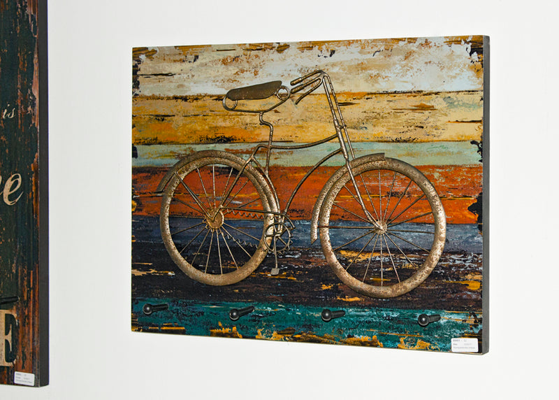 Wandgarderobe Fahrrad-Motiv, 4 Metallhaken, MDF Vintage-Optik – Ansicht 2