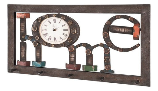 Wandgarderobe HOME mit Uhr, 5 Metallhaken, Industrial Vintage – Ansicht 1