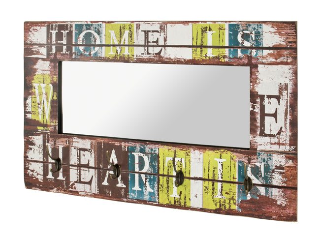 Haku Wandgarderobe mit Spiegel, 4 Haken und Vintage-Schriftzug