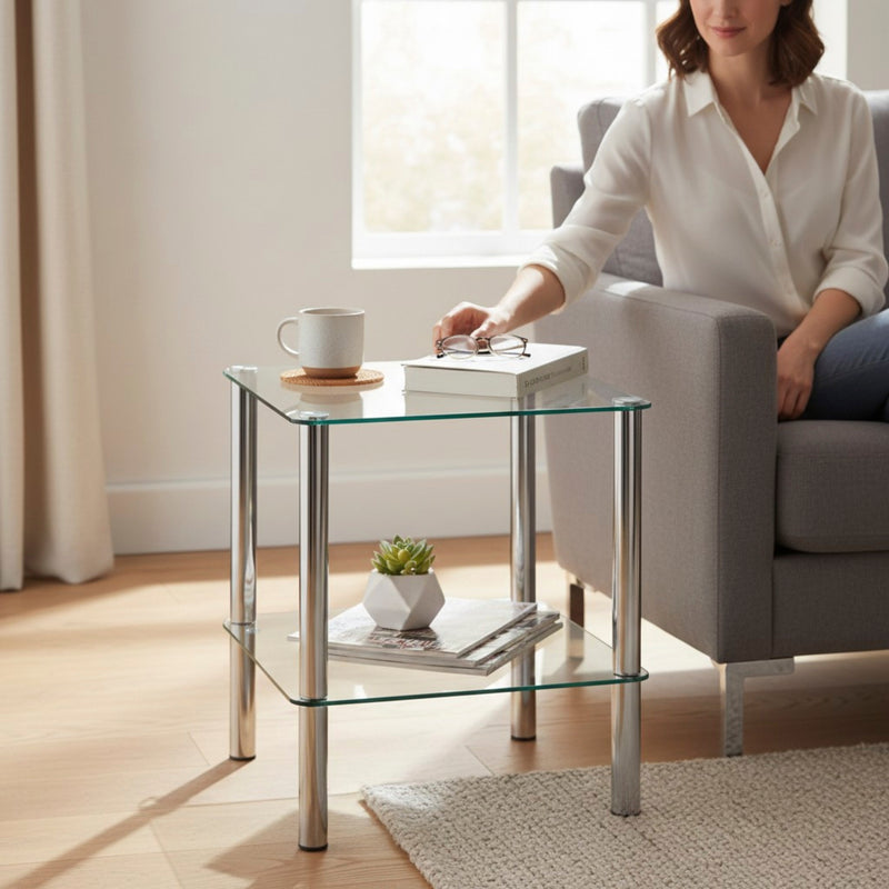 Haku Beistelltisch quadratisch Chrom-Optik mit Sicherheitsglas