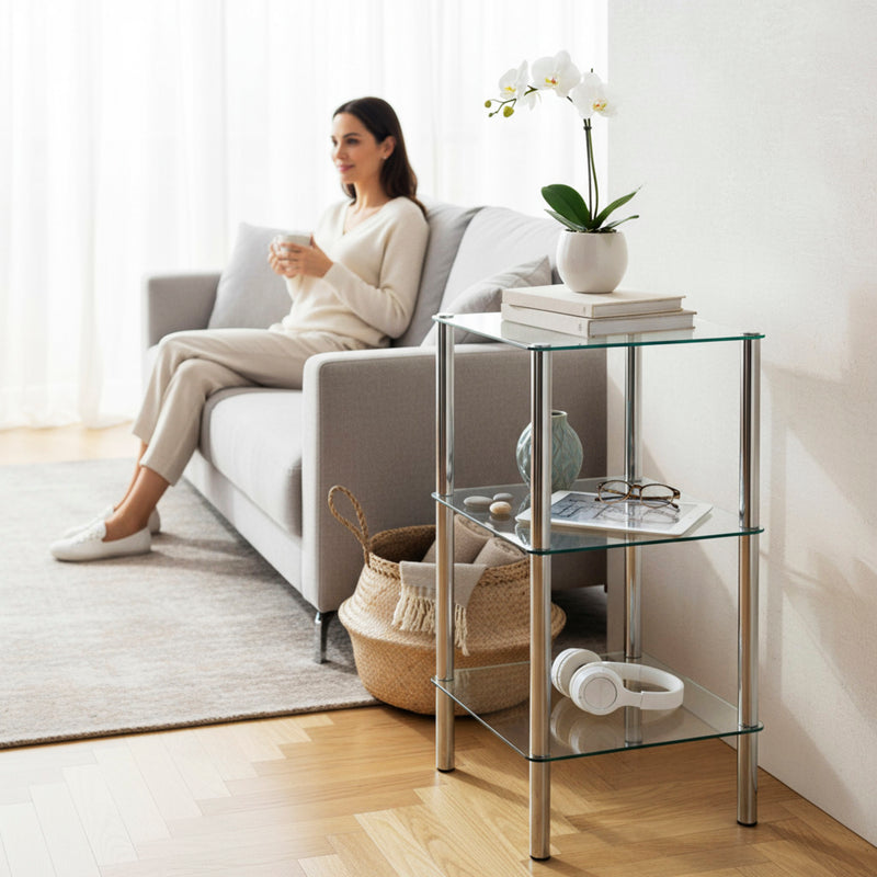 Standregal aus Stahlrohr Chrom mit Glasablagen, modern – Ansicht 2