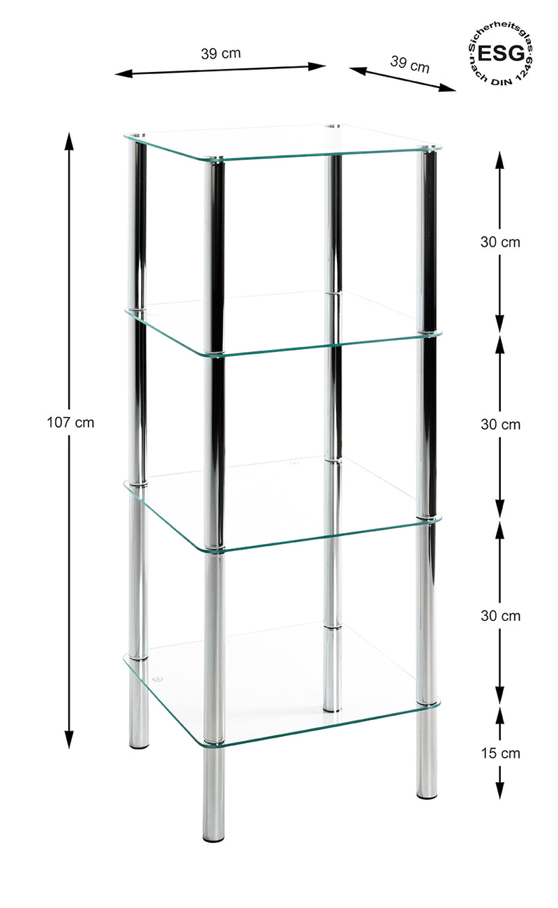 Haku Standregal aus Stahlrohr mit Glasablagen, Chrom-Optik, quadratisch
