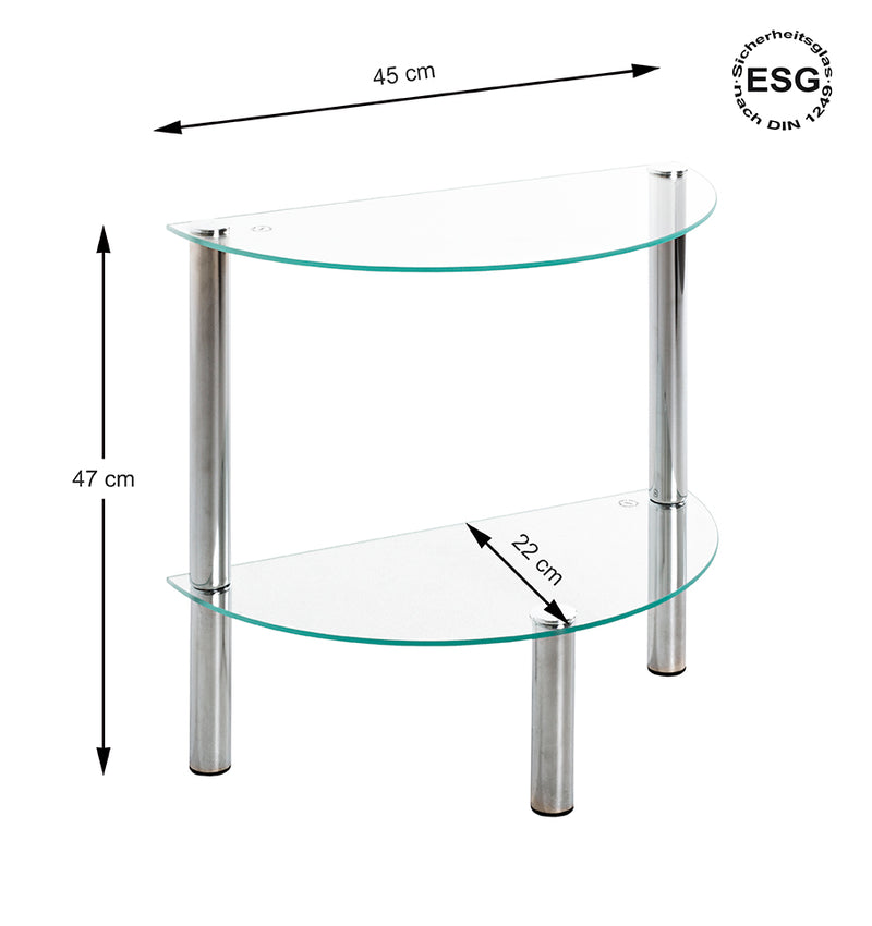 Haku Beistelltisch halbrund, Stahlrohr chrom mit Glasablagen
