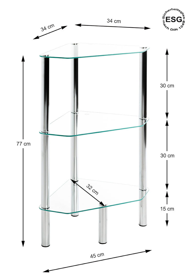 Haku Standregal dreieckig aus Stahlrohr mit Glasablagen, Chrom