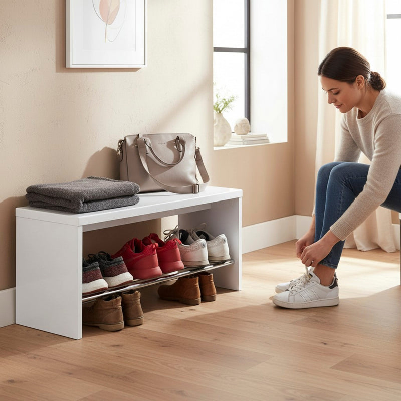 Haku Schuhbank Weiß Hochglanz mit Sitzfläche und Schuhablage Chrom-Optik