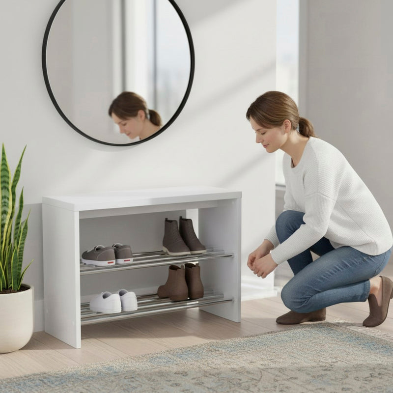 Haku Schuhbank weiß Hochglanz mit Chrom-Ablagen für 6 Paar Schuhe