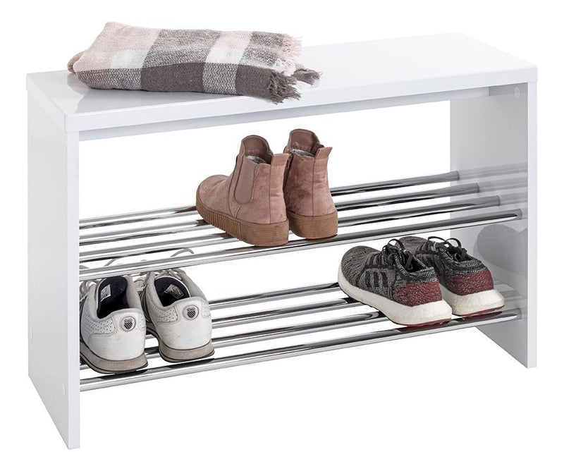 Haku Schuhbank weiß Hochglanz mit Chrom-Ablagen für 6 Paar Schuhe