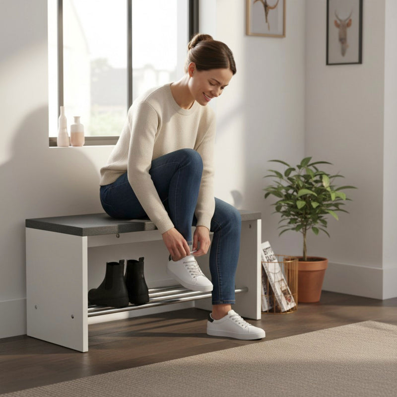 Schuhbank Weiß mit Chrom-Ablage, platzsparend für den Flur – Ansicht 2