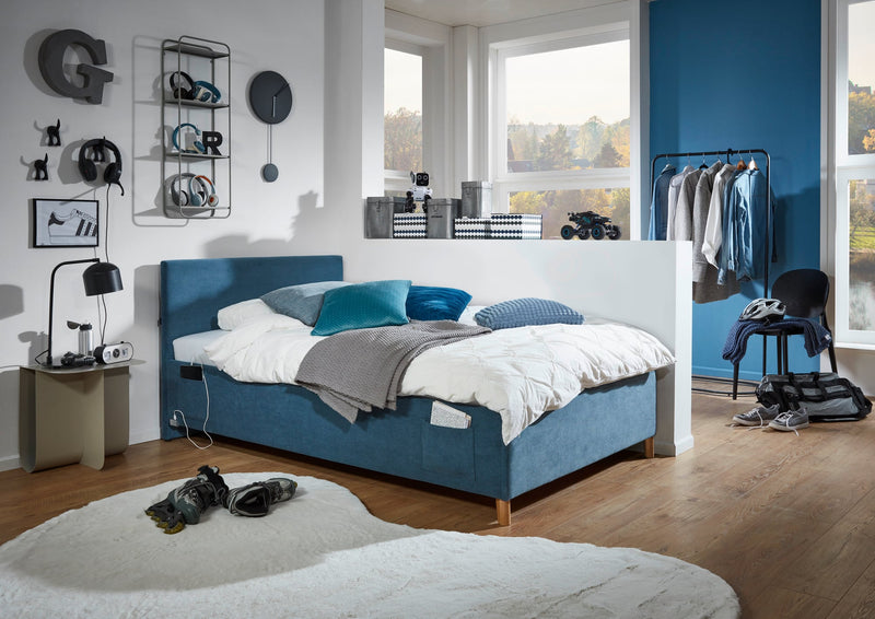 Jugendbett Cool mit USB-Anschluss & Betttaschen, Polsterbett in Blau – Ansicht 1