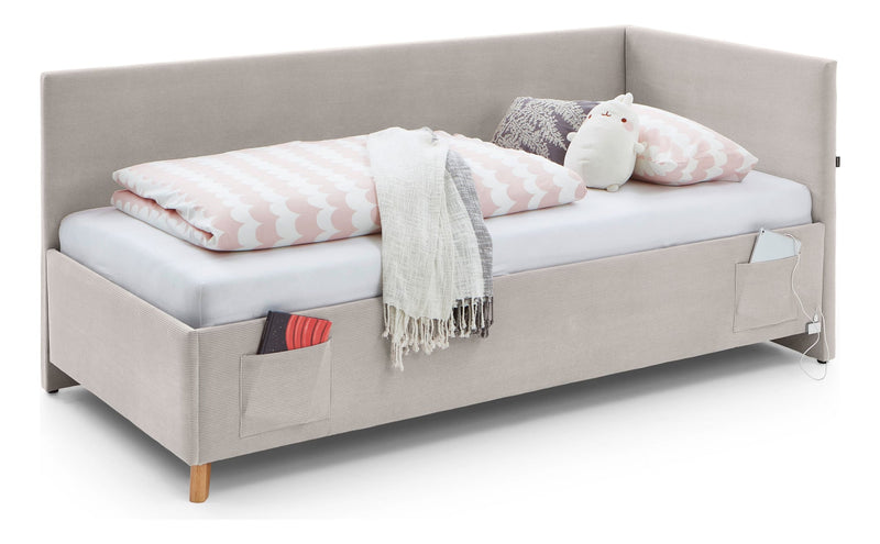Jugendbett Cool mit Rückenteil und USB-Anschluss, Polsterbett in Cremeweiß – Ansicht 5