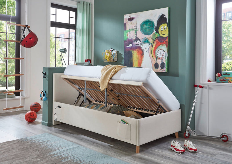 Jugendbett Cool mit Bettkasten und USB-Anschluss, Polsterbett in Cremeweiß – Ansicht 9