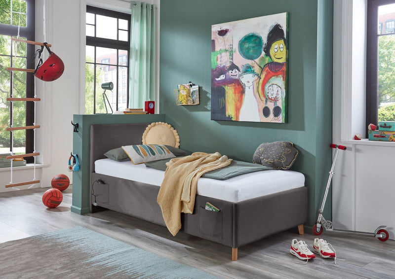 Jugendbett Cool mit Bettkasten und USB-Anschluss, Polsterbett in Anthrazit – Ansicht 1