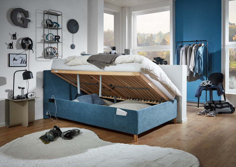 Jugendbett Cool mit Bettkasten und USB-Anschluss, Polsterbett in Blau – Ansicht 5