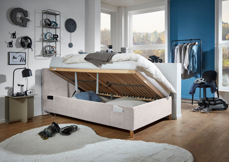 Jugendbett Cool mit Bettkasten und USB-Anschluss, Polsterbett in Cremeweiß – Ansicht 12