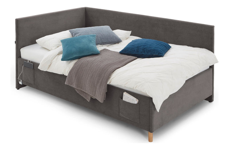 Jugendbett Cool mit Bettkasten & Rückenteil, Polsterbett mit USB in Anthrazit – Ansicht 3