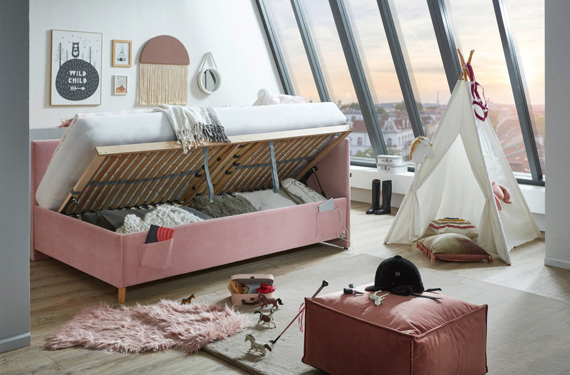 Jugendbett Cool mit Bettkasten & Rückenteil, Polsterbett mit USB in Rosé – Ansicht 8
