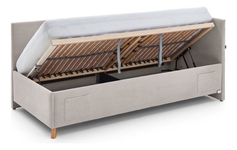 Jugendbett Cool mit Bettkasten & Rückenteil, Polsterbett mit USB in Cremeweiß – Ansicht 9