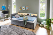 Jugendbett Uno mit Schubkasten, Regal mit LED & USB, Polsterbett in Grau – Ansicht 1
