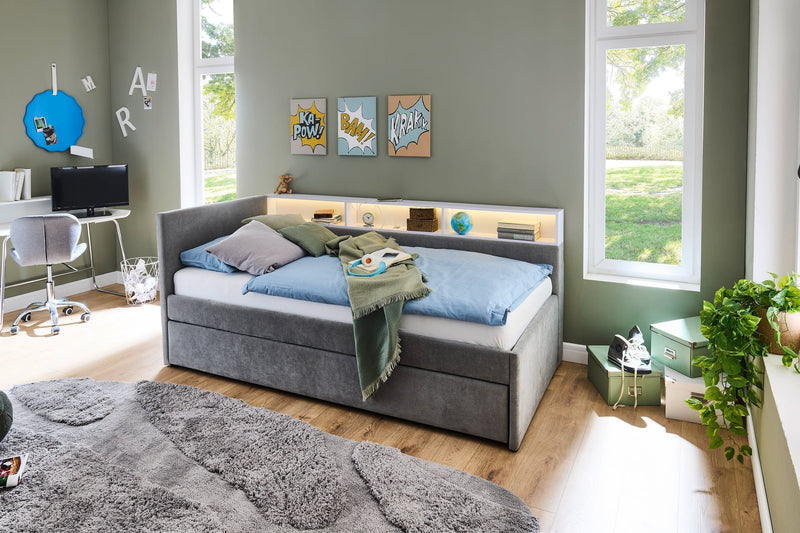 Jugendbett Uno mit Schubkasten, Regal mit LED & USB, Polsterbett in Grau – Ansicht 1