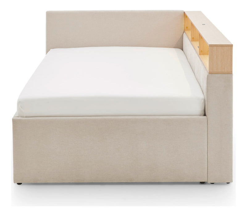 Jugendbett Uno mit Schubkasten, Regal mit LED & USB, Polsterbett in Beige – Ansicht 6