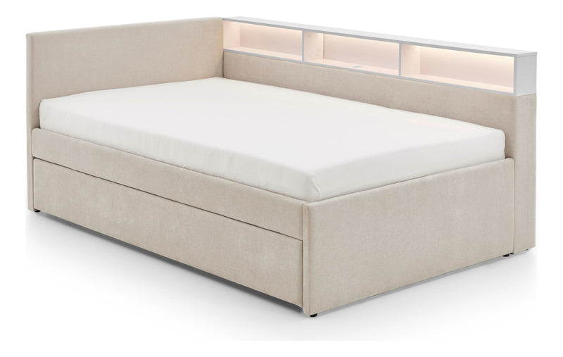 Jugendbett Uno mit Schubkasten, Regal mit LED & USB, Polsterbett in Beige – Ansicht 7