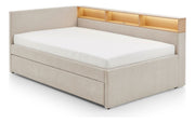 Jugendbett Uno mit Schubkasten, Regal mit LED & USB, Polsterbett in Beige – Ansicht 8