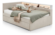 Jugendbett Uno mit Schubkasten, Regal mit LED & USB, Polsterbett in Beige – Ansicht 9