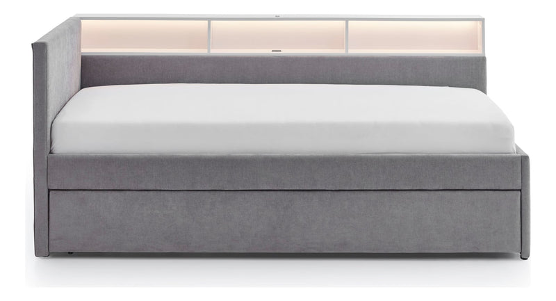 Jugendbett Uno mit Schubkasten, Regal mit LED & USB, Polsterbett in Grau – Ansicht 9