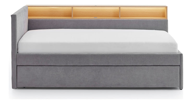 Jugendbett Uno mit Schubkasten, Regal mit LED & USB, Polsterbett in Grau – Ansicht 10