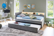 Jugendbett Uno mit Schubkasten, Regal mit LED & USB, Polsterbett in Grau – Ansicht 11