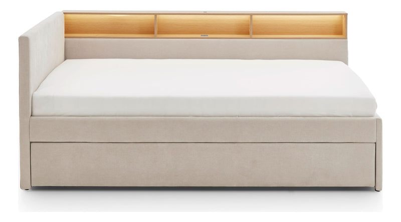 Jugendbett Uno mit Schubkasten, Regal mit LED & USB, Polsterbett in Beige – Ansicht 12