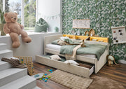 Jugendbett Uno mit Schubkasten, Regal mit LED & USB, Polsterbett in Beige – Ansicht 14